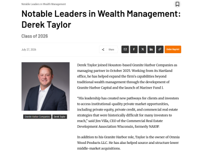 Derek Taylor Named a Notable Leader in Wealth Management by BizTimes Milwaukee
